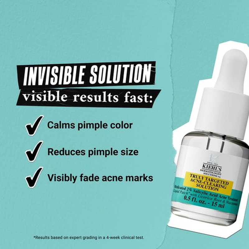 Kiehl's Truly Targeted Acne-Clearing Pimple Patch with 2% Salicylic Acid, Invisible Liquid Spot Treatment, 4% Niacinamide Fades Post-Acne Marks, 0.2% Licorice Root Soothes Redness - 0.5 fl oz