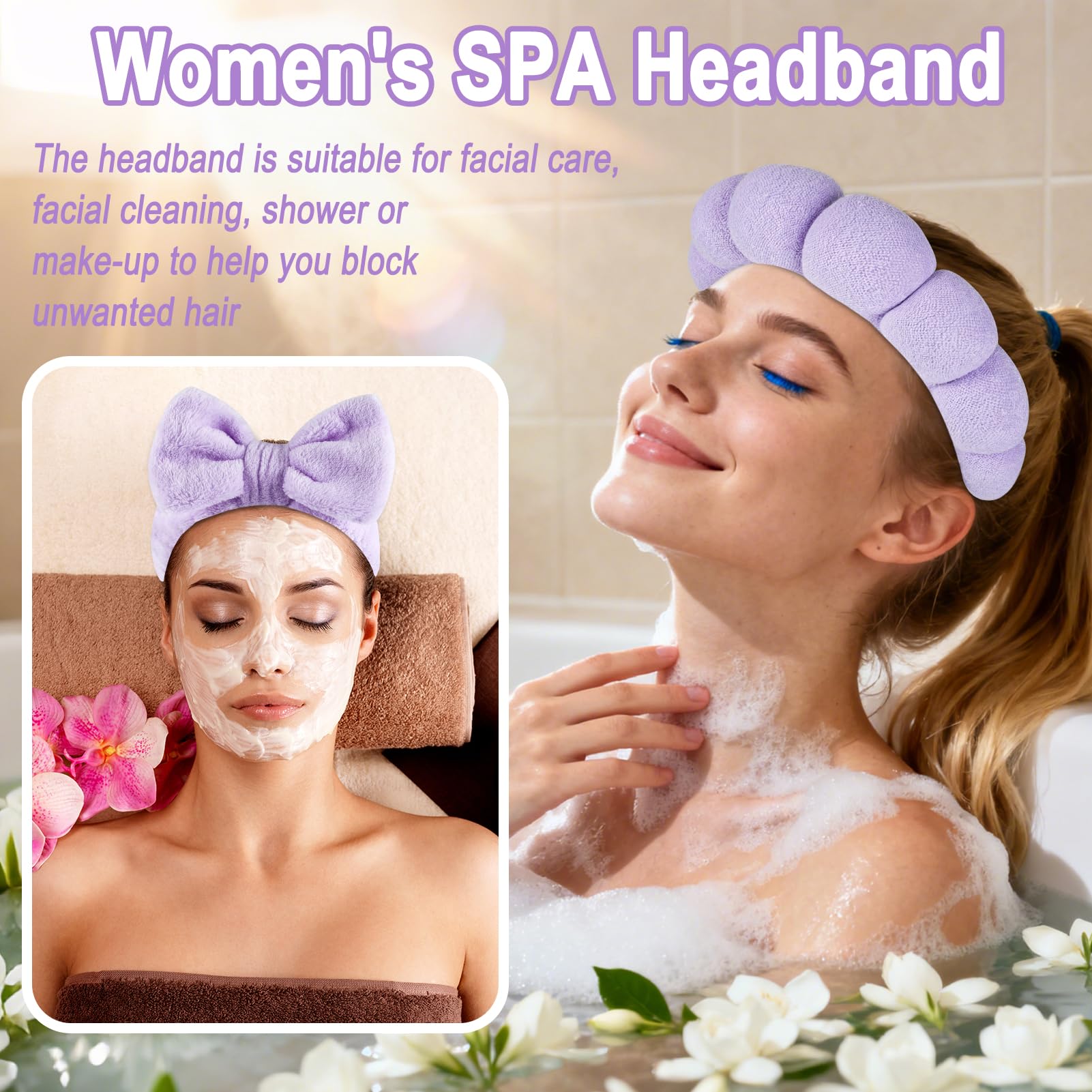 Zkptops 6Pcs Spa Headband for Washing Face Wristbands Set Women Bubble Makeup Sponge Terry Cloth Padded Puffy Skincare Headband Bow Tie Hairband Cute Non Slip Thick Hair Accessory Gifts (Purple)