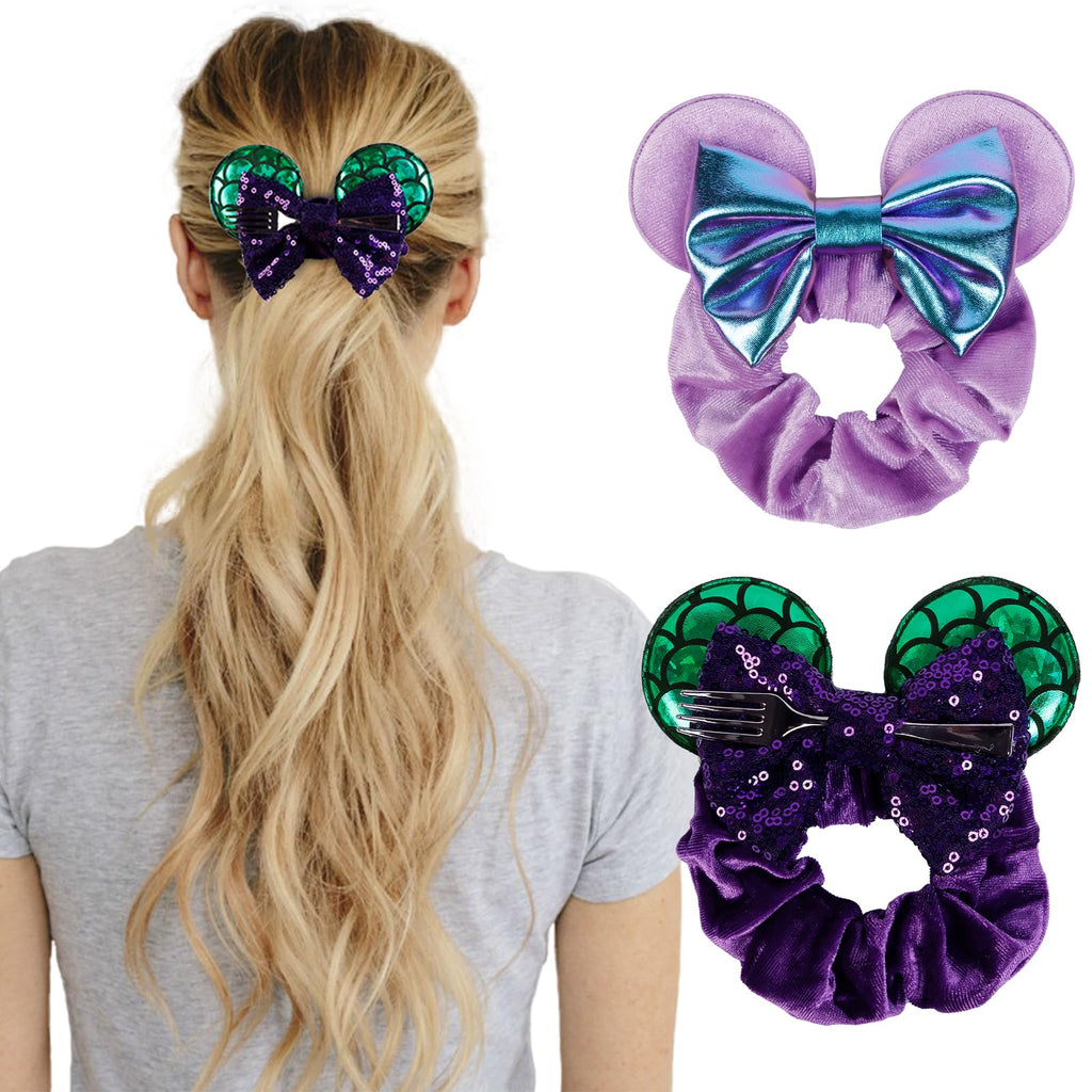 WOVOWOVO Mouse Ear Hair Scrunchies, 2 Count Mermaids Velvet Hair Ties for Ponytail, Cute Hair Accessories for Women and Girls, Purple