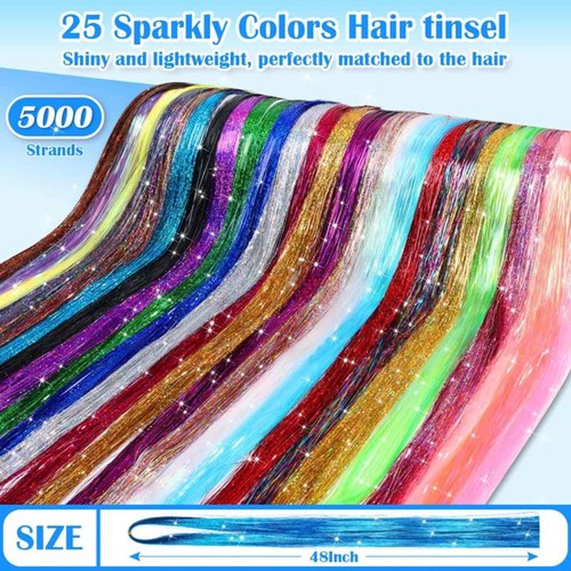 Hair Tinsel Kit (48 Inch 25 Colors 5000 Strands), Glitter Tinsel Hair Extensions with Tinsel Beads, Heat Resistant Fairy Hair Tinsel Kit with Hair Tinsel Tool for Women Girls Daily Parties Festival