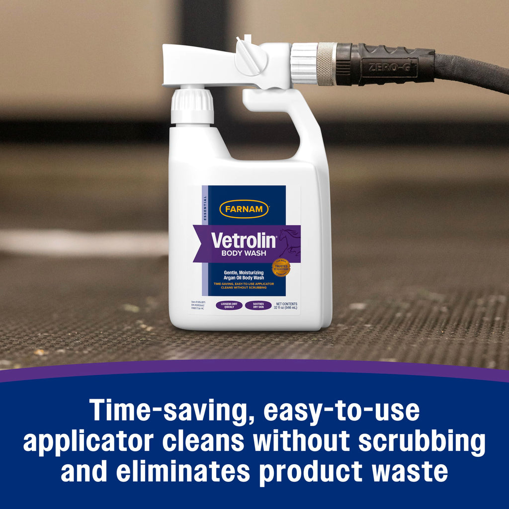 Farnam Vetrolin Body Wash, Time-Saving with No Scrubbing, Gentle and Moisturizing with Argan Oil, Soothes Dry Skin, for Horses and Dogs, 32 fl oz.