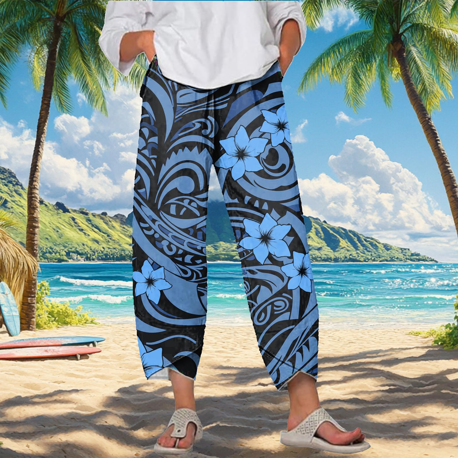 Capri Pants for Women Ethnic Print Wide Leg Plus Size Casual Summer Beach Elastic Waist Trousers 2025 Fashion Trendy Cargo Party Outdoor Tummy Control Work Pants with Pockets,S Blue