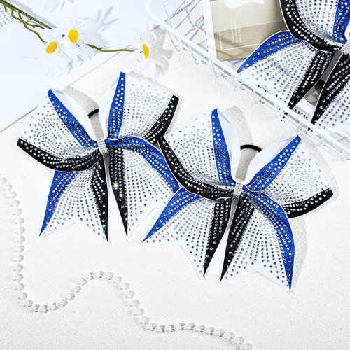 DEEKA 6PCS 8" Large Glitter Royal Blue and Black White Cheer Bows 3 Toned Rhinestones Stiff Cheer Hair Bows Elastic Band Competition Bows for Cheerleader Team Girls Sports -Royal Blue/Black/White