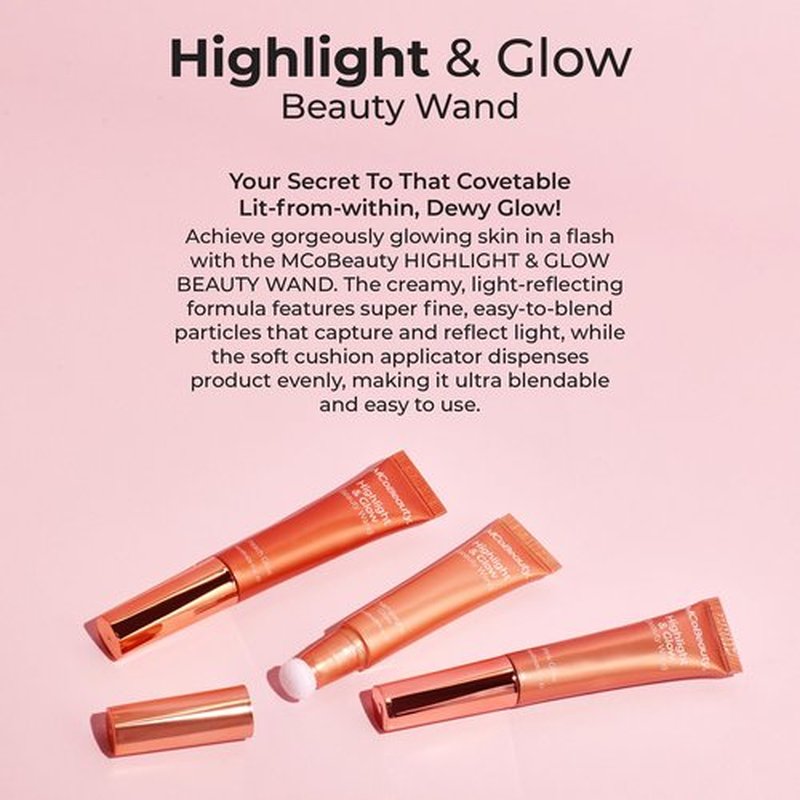 MCoBeauty - Highlight and Glow Beauty Wand - Buildable Liquid Highlighter - Champagne Shade - Liquid Cream with Cushion Applicator for Soft, Radiant Finish - Highlighters Makeup
