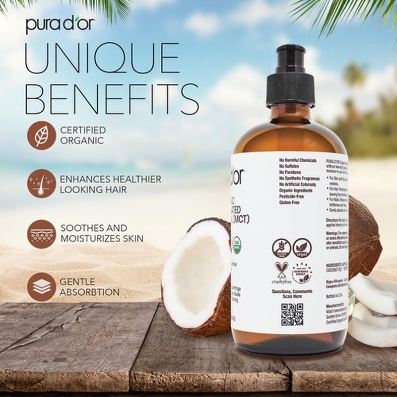 PURA D'OR 16.9 Oz ORGANIC Fractionated Coconut Oil (GLASS BOTTLE) USDA Certified MCT Oil – Therapeutic, Lightweight Moisturizer – Hexane Free Carrier Oil For Essential Oils, Massage – Face, Hair, Body