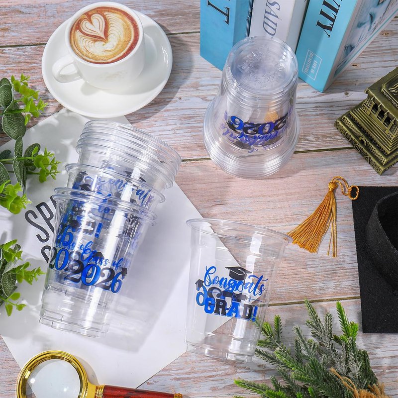 Whaline Graduation Plastic Cups - 50 Pcs 12 Oz Congrats Grad in Black & Blue | Perfect for Class of 2026 Party Decor