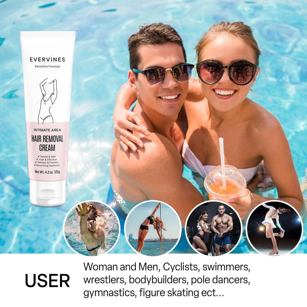Evervines Hair Removal Cream for Women: Bikini Pubic & Intimate Areas Legs Arms Underarms - Fast Gentle Painless Depilatory with Scraper for Sensitive Skin at Home or Travel (4.2oz)