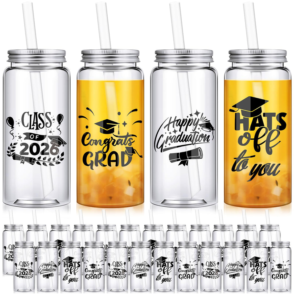 Jingmore 24 Pcs Black Graduation Cups with Straws Bulk 13.5 oz Class of 2026 Plastic Mason Jars Reusable Tumbler Coffee Tea Hot Cocoa Beverage Happy Graduation Tumbler for Congrats Grad Party Gifts