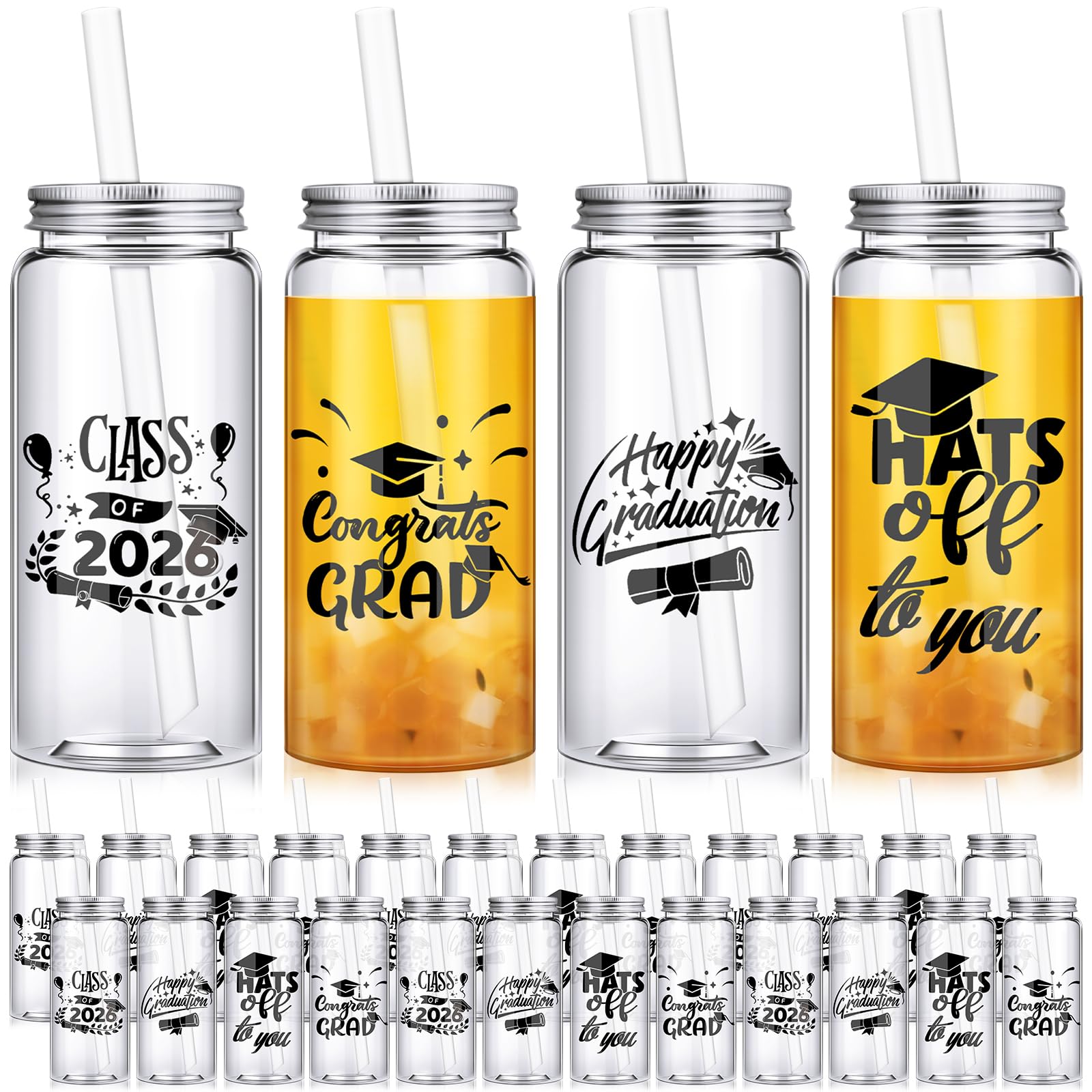 Jingmore 24 Pcs Black Graduation Cups with Straws Bulk 13.5 oz Class of 2026 Plastic Mason Jars Reusable Tumbler Coffee Tea Hot Cocoa Beverage Happy Graduation Tumbler for Congrats Grad Party Gifts