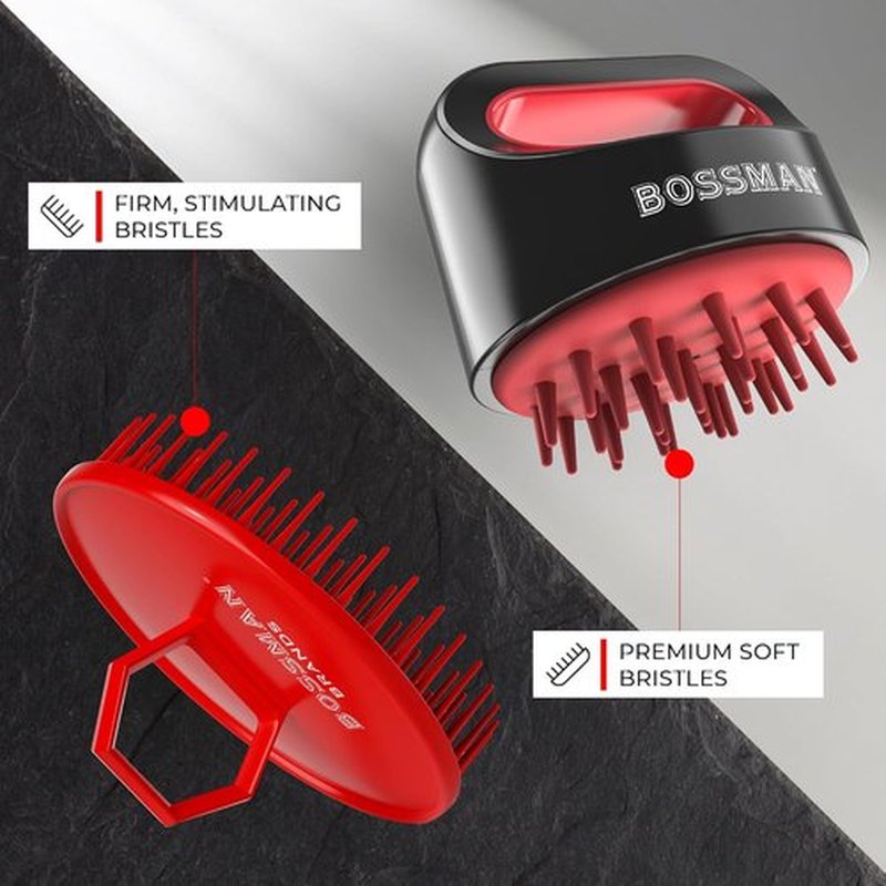 Bossman Scalp Massager & Shampoo Brush - 3 Inch Red Exfoliator for Hair & Beard Care with Firm Bristles