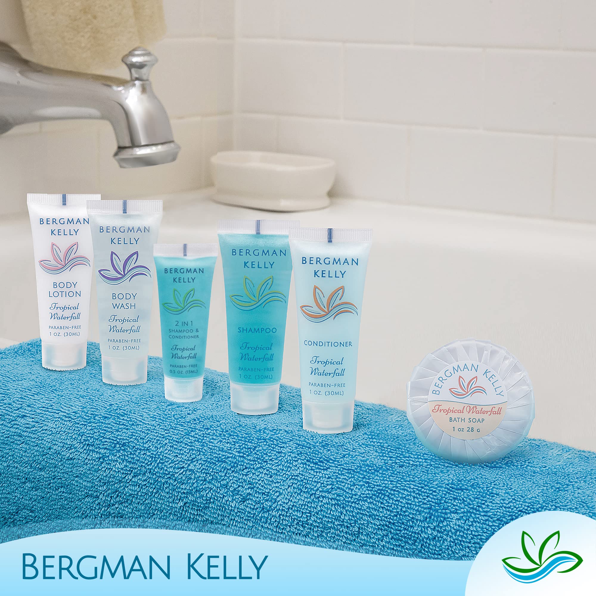 Bergman Kelly - Travel Size 2 in 1 Shampoo & Conditioner - 0.5 fl oz, 200 PK, Tropical Waterfall - Delight Your Guests w/Invigorating & Refreshing Shampoo Amenities - Small Hotel Toiletries in Bulk