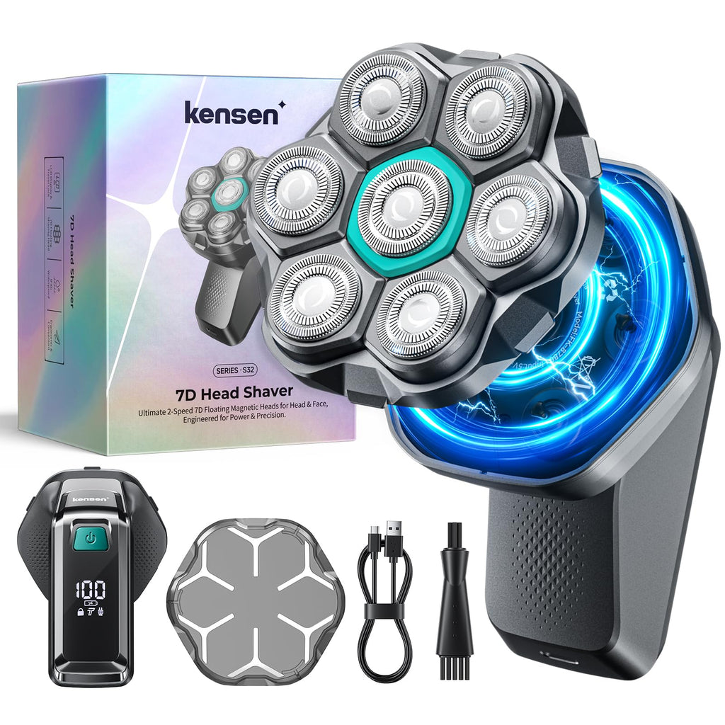 kensen 7D Head Shavers for Bald Men - Dual Speed Bald Head Shavers with LED Display, Electric Razor for Men IPX6 Waterproof Wet/Dry Shaving Head Razor Magnetic Head Balding Clippers for Men Black