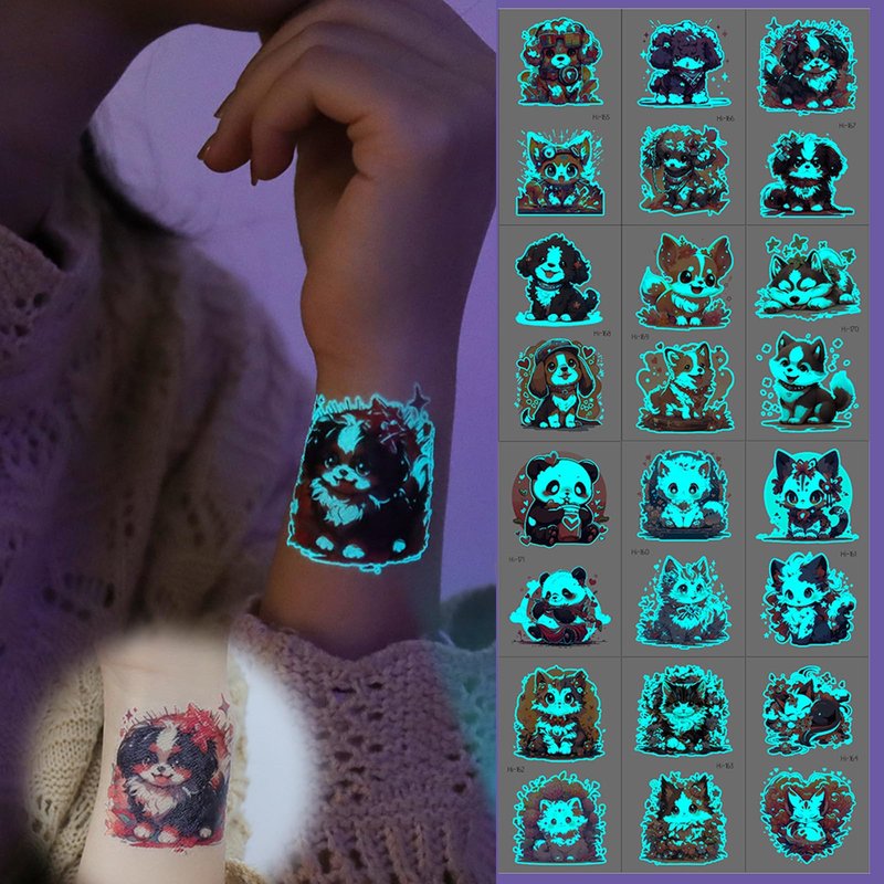 Yobbai Luminous Tattoos for Kids, Mixed Styles Temporary Tattoos Stickers with Dogs, Cats, Pandas, Foxes for Boys and Girls, Waterproof Glow In The Dark Tattoos for Kids Party Supplies