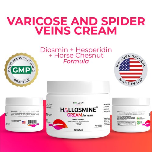 Hallosmine Cream for Varicose Veins, Spider Veins, Leg Circulation & Hemorrhoids | Leg Vein Cream with Diosmin, Hesperidin & Horse Chestnut – Cooling Effect for Leg Comfort | 4 oz (112g)