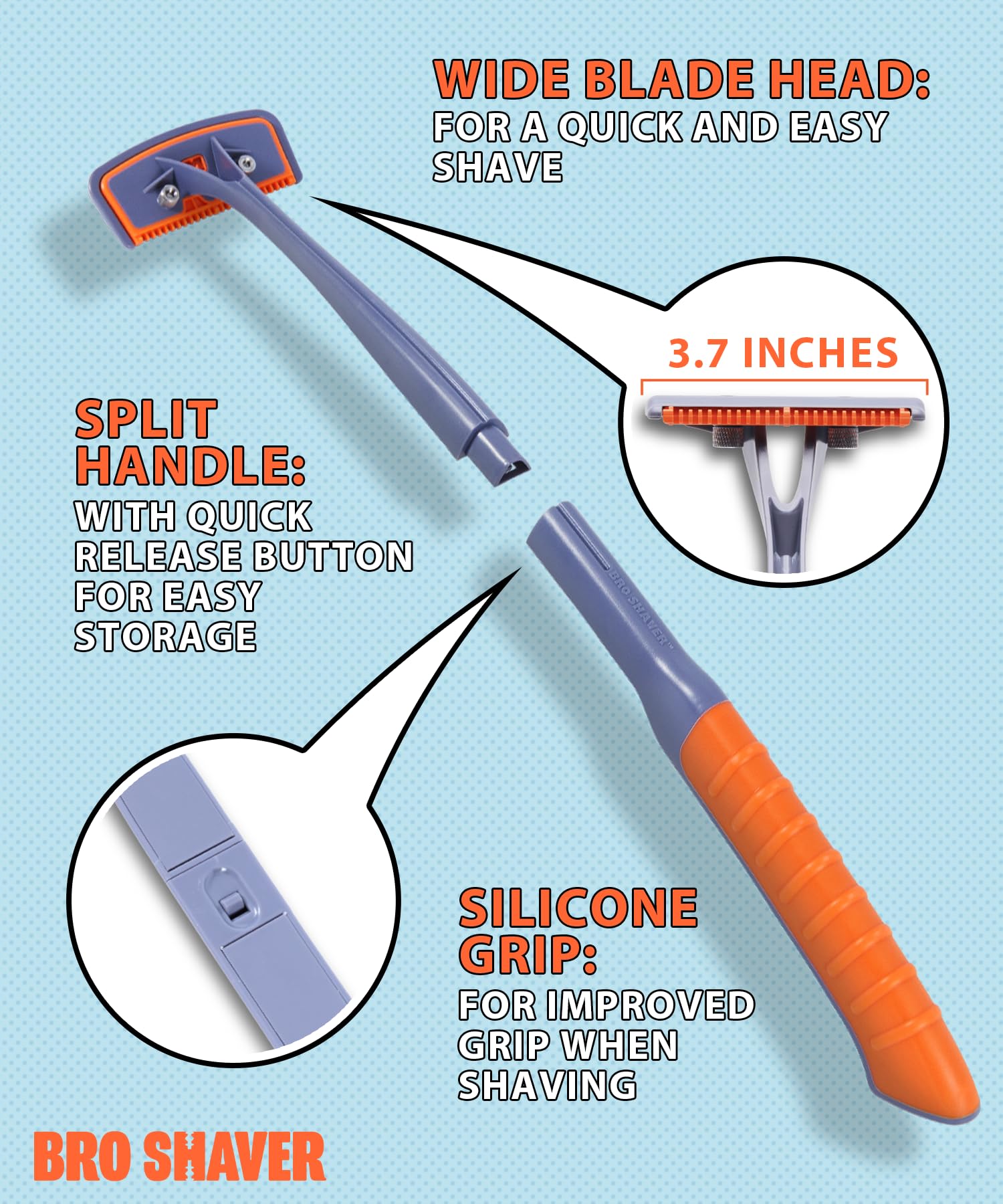 BroShaver 3.0, DIY Back & Body Hair Trimmer - Wet or Dry Shave for Men. Split Handle Razor with Ergonomic Grip