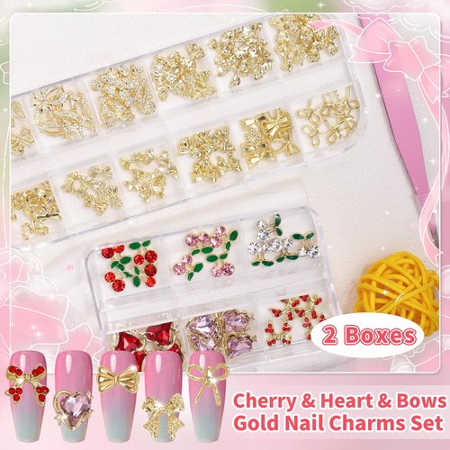 Tatiwoo 96 Pcs Gold Bows Nail Charms, Cherry Heart Bow Nail Rhinestones and Charms, Multi Shapes Golden Nails Bowknot Charm Gems for Nails Art Supplies
