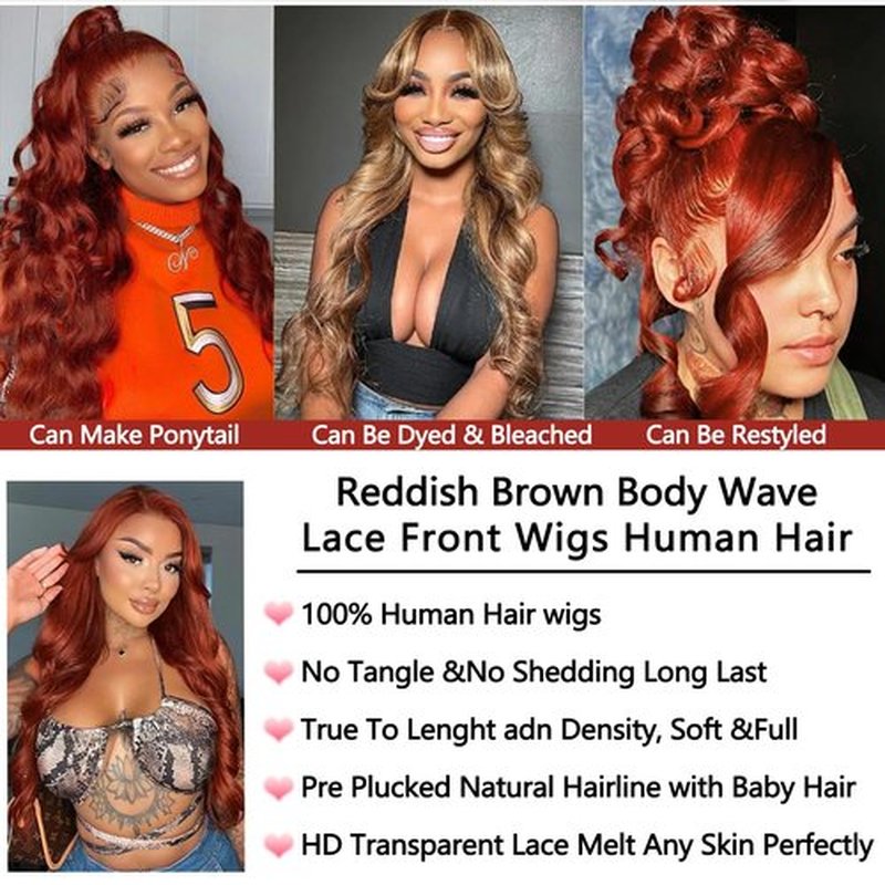 DliliBoon 9X6 Reddish Brown Human Hair Lace Front Wig for Black Women Pre Cut Reddish Brown Lace Front Wigs Human Hair 9x6 Body Wave Lace Frontal Auburn Colored Wig 180% Density (22inch)