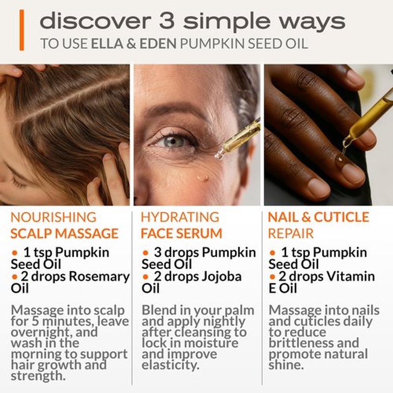 Ella & Eden Organic Pumpkin Seed Oil for Hair Growth - Cold-Pressed Hexane-Free Unrefined - 100% Pure USDA Certified - 4 Fl Oz Glass Bottle
