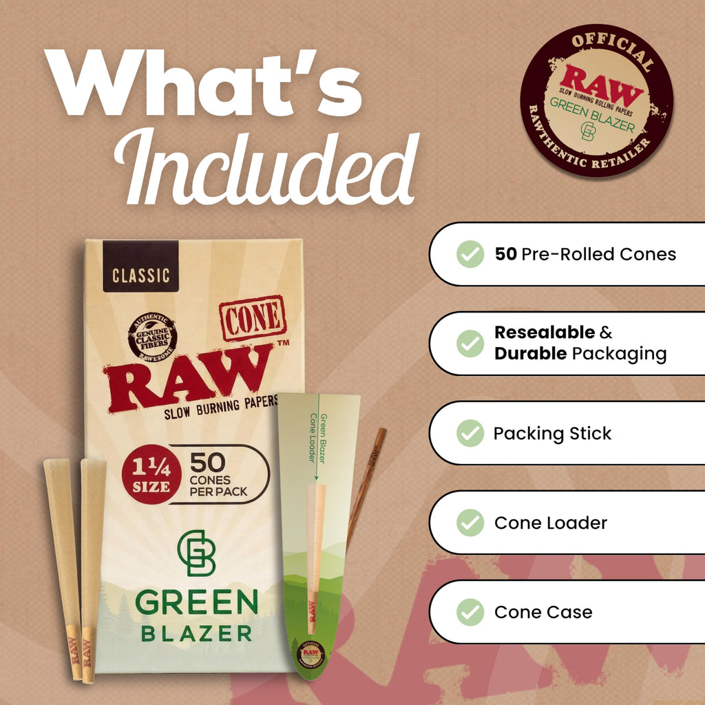 RAW Cones 1 1/4 Size: 50 Pack Patented Slow Burning Pre Rolled Rolling Papers & Tips, Classic Raw Paper, 84mm