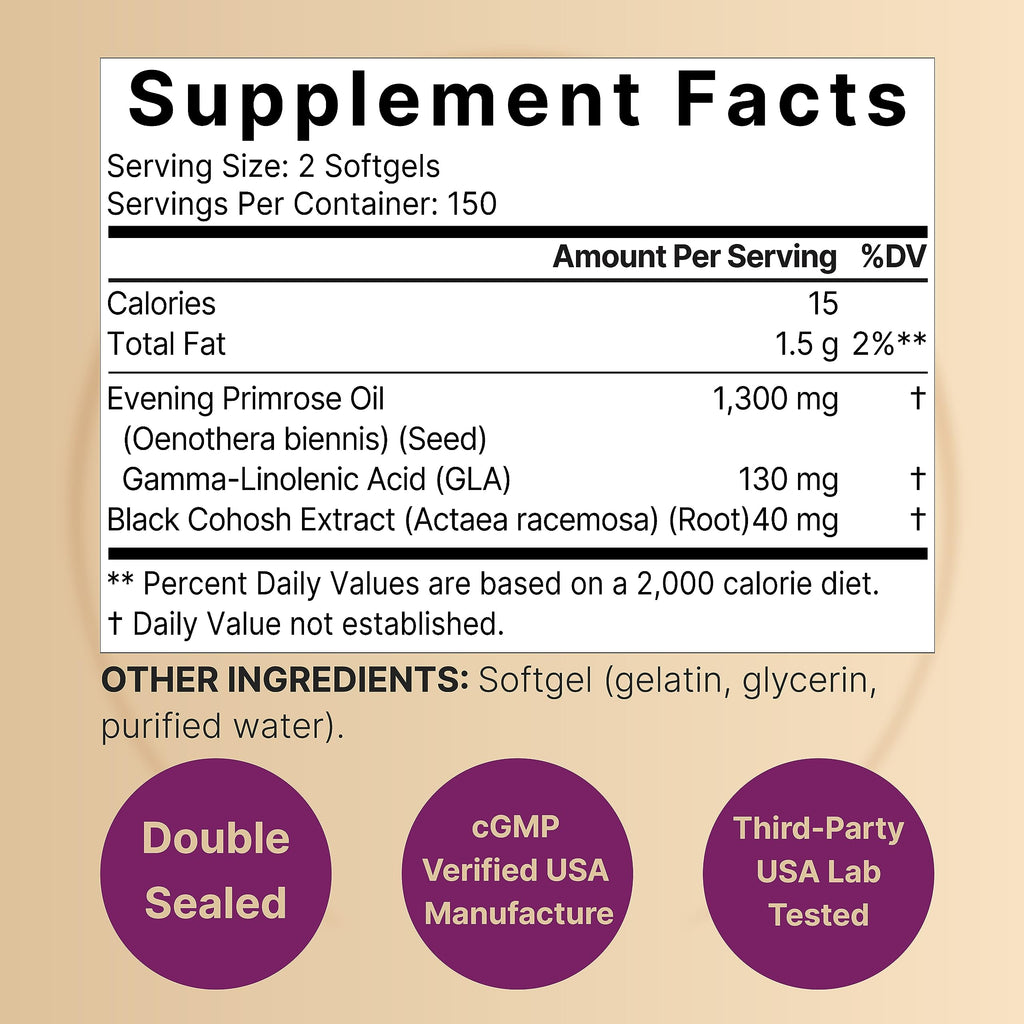 NatureBell Evening Primrose Oil with Black Cohosh, 1,300mg Per Serving, 300 Mini-Softgels | Cold Pressed Seeds, Retains 130mg GLA for Womens Health & Skin Care Support – Hexane Free, Non-GMO