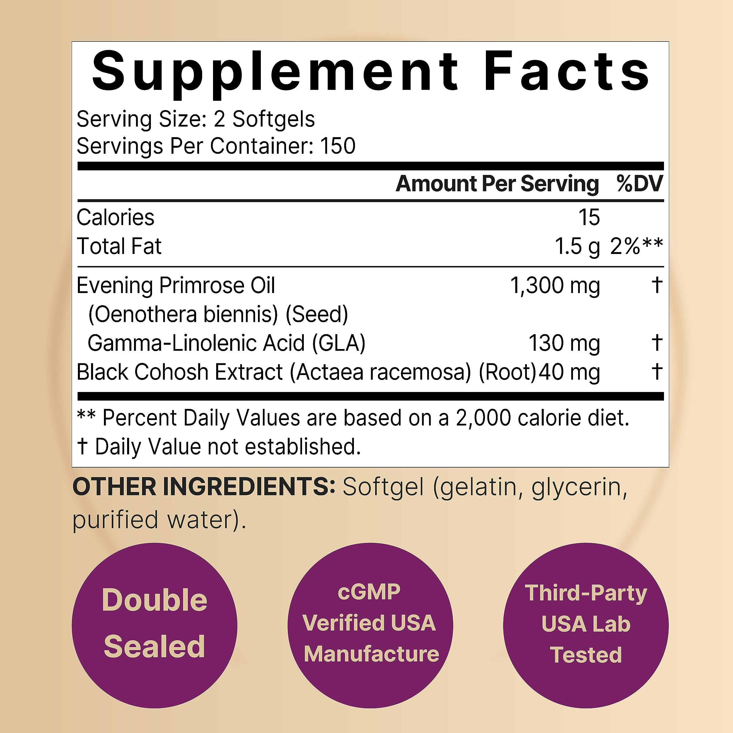 NatureBell Evening Primrose Oil with Black Cohosh, 1,300mg Per Serving, 300 Mini-Softgels | Cold Pressed Seeds, Retains 130mg GLA for Womens Health & Skin Care Support – Hexane Free, Non-GMO