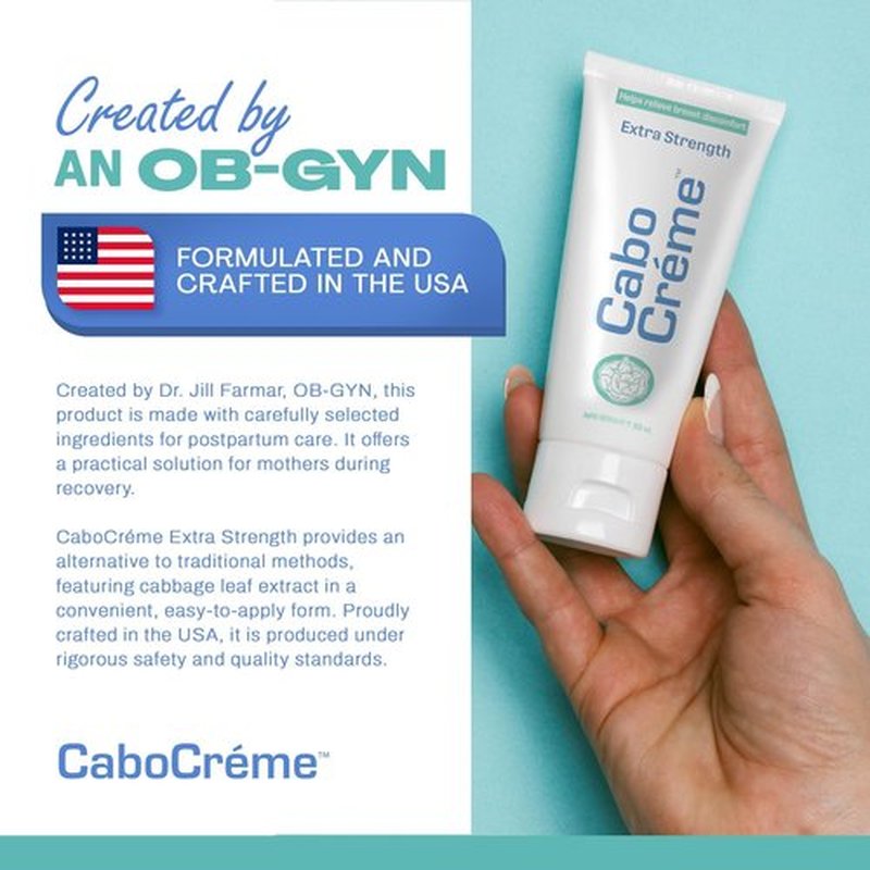 CaboCréme Extra Strength Cabbage Breast Cream - 2X Strength for Engorgement Relief and Breastfeeding Weaning Support - Dry Up Breast Milk - OB-GYN Created & Breastfeeding Mother-Approved - 2 oz