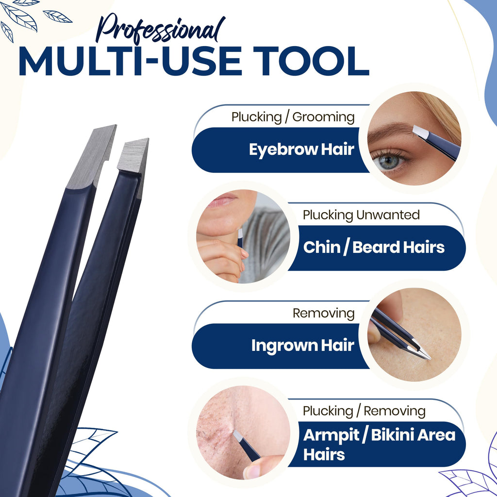 Professional Slant Tip Eyebrow Tweezers for Women & Men – Precision Hair Removal Tool – Stainless Steel Tweezers for Eyebrow Shaping, Facial Hair, Ingrown Hair & Splinter Removal (Midnight Indigo)