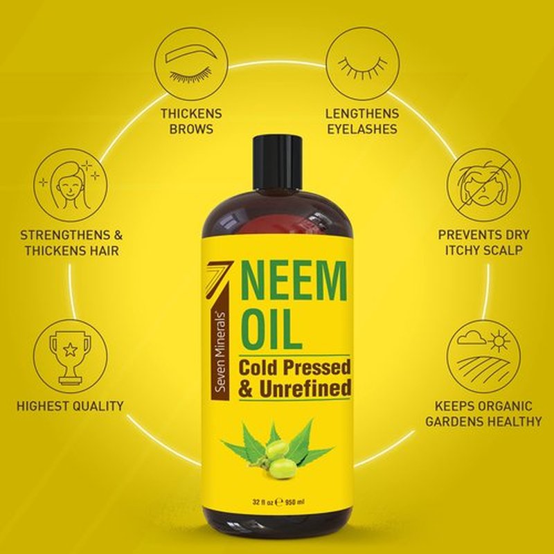 Seven Minerals Pure Cold Pressed Neem Oil - Big 32 fl oz Bottle - Non-GMO, Hexane Free, 100% Pure Neem Oil for Plants Spray, Skincare, & Haircare. Treats Dry Skin, Wrinkles, & Promotes Hair Growth