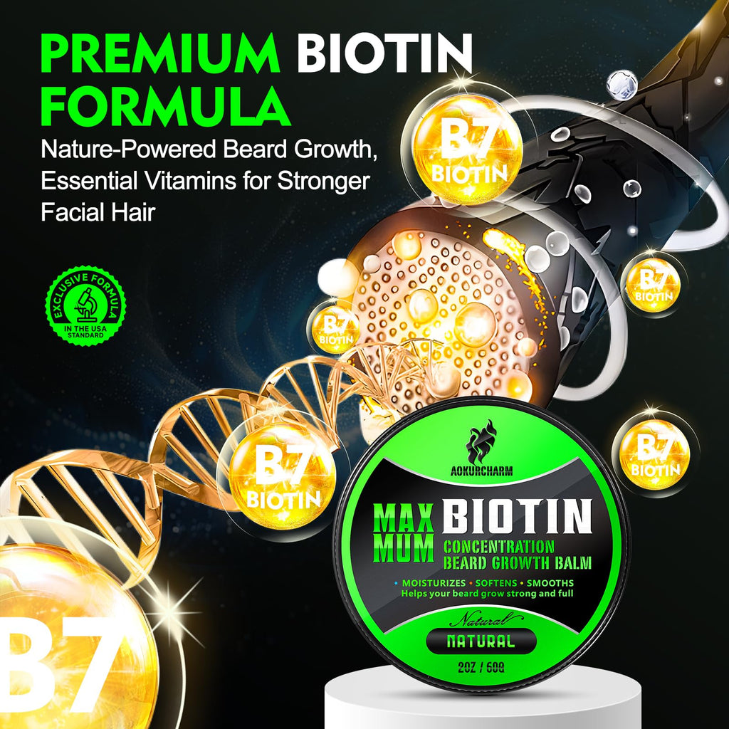 Biotin Beard Balm for Men – Unscented, Fast-Absorbing Beard Softener & Growth Balm with Castor, Shea & Jojoba – Conditions, Styles & Thickens Coarse or Patchy Facial Hair – Idea Gift for Him – 2 OZ