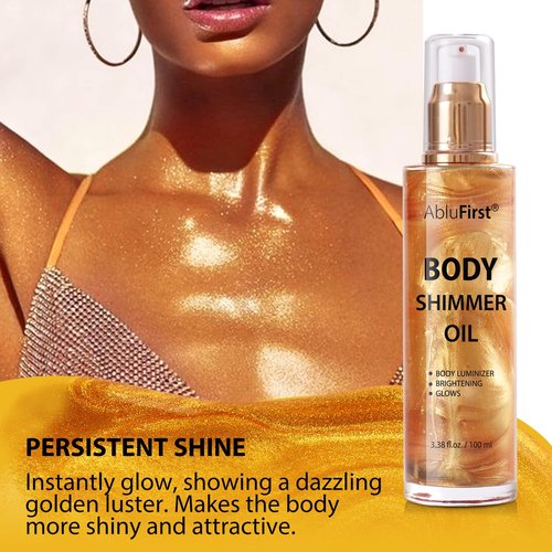 AbluFirst Shimmer Body Oil Summer Body Glitter Moisturizing Light Shimmer Glow Non-Sticky Summer Body Luminizer and Illuminator Smooth (2.8 Fl Oz (Pack of 1), Gold)