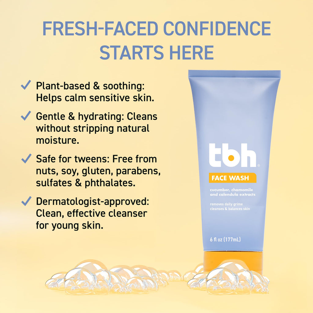 TBH Kids Gentle Gel Face Wash – Hydrating Daily Cleanser for Preteens & Teens – Soothing Chamomile & Calendula for Sensitive, Dry & Oily Skin – Sulfate & Paraben-Free – 6 oz