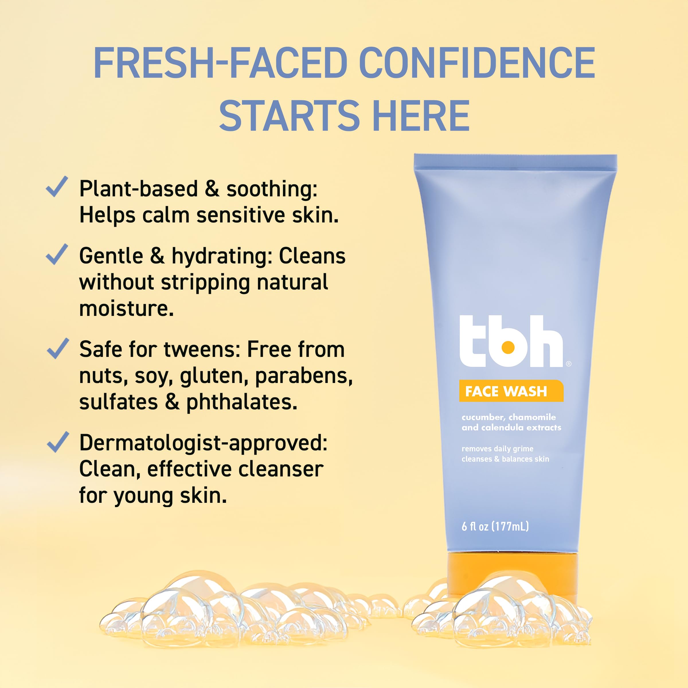 TBH Kids Gentle Gel Face Wash – Hydrating Daily Cleanser for Preteens & Teens – Soothing Chamomile & Calendula for Sensitive, Dry & Oily Skin – Sulfate & Paraben-Free – 6 oz