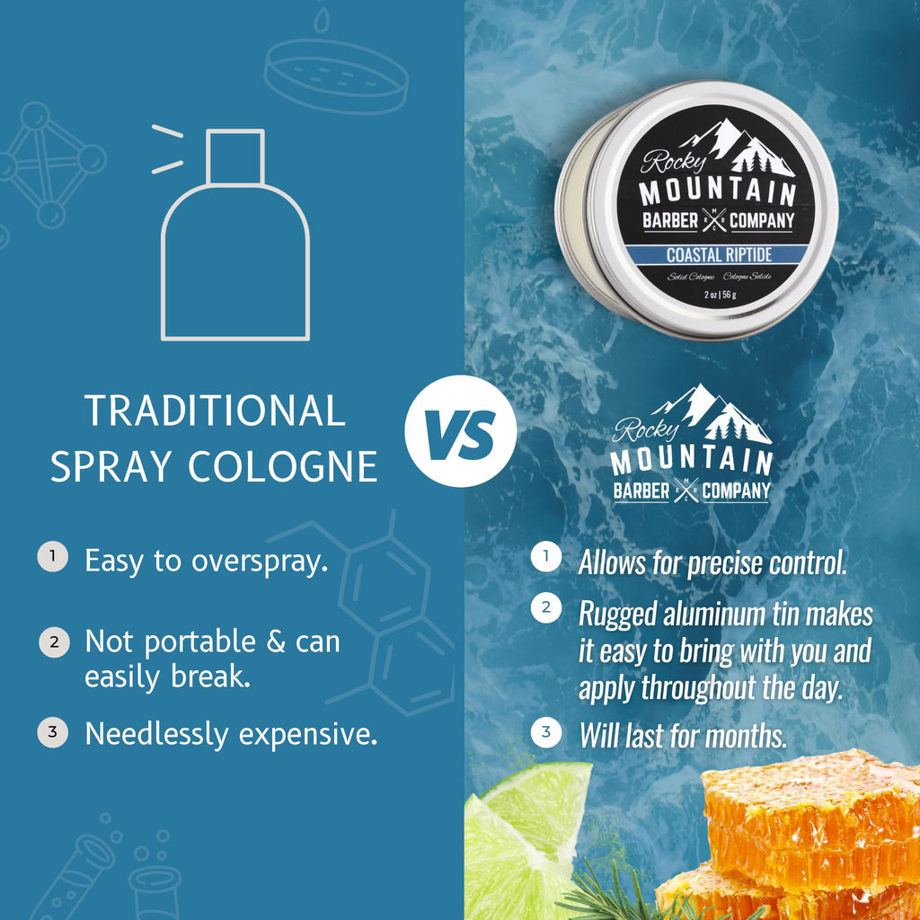 Rocky Mountain Barber Company Solid Cologne for Men – Coastal Riptide Scent – 2 Oz Size - Made with Coconut Oil, Shea Butter - Long-Lasting Scent (Coastal Riptide)