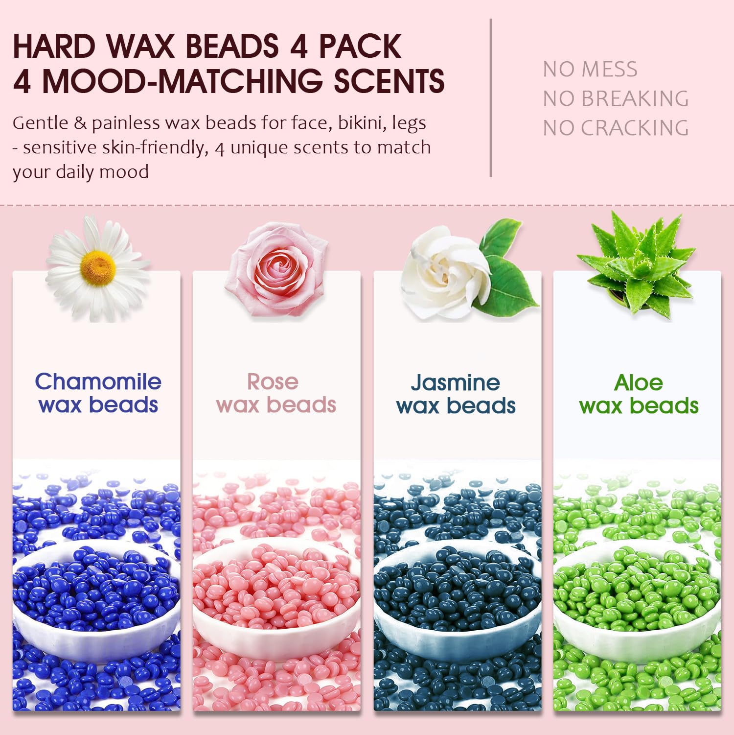 Keethem 400g Wax Beads, 4 Scents Hard Wax Beads for Coarse Hair Removal, Waxing Beans with for Face, Eyebrow, Bikini Brazilian for Women Men with 10 Applicators