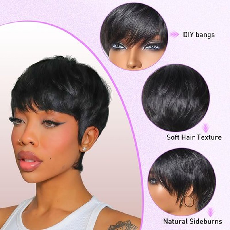 Pink Planet Pixie Cut Wig Human Hair for Black Women Short Pixie Cut Wigs Human Hair Wear and Go Glueless Pixie Wig Short Layered Brazilian Virgin Human Hair Wigs for Women （036-1B）