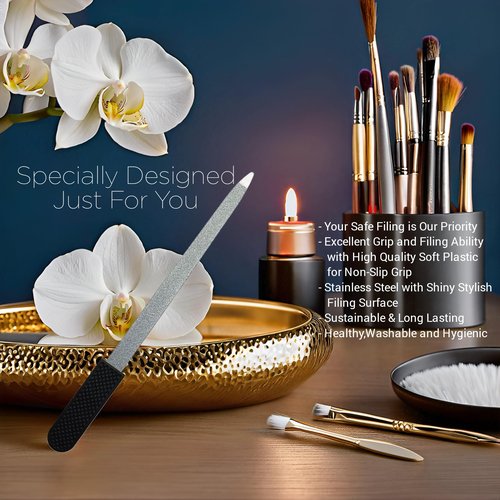 Professional Sapphire Black Nail File – 6.7" Stainless Steel, Double-Sided Metal File, Ergonomic Non-Slip Handle, for Natural, Gel, Acrylic Nails, Manicure & Pedicure Tool