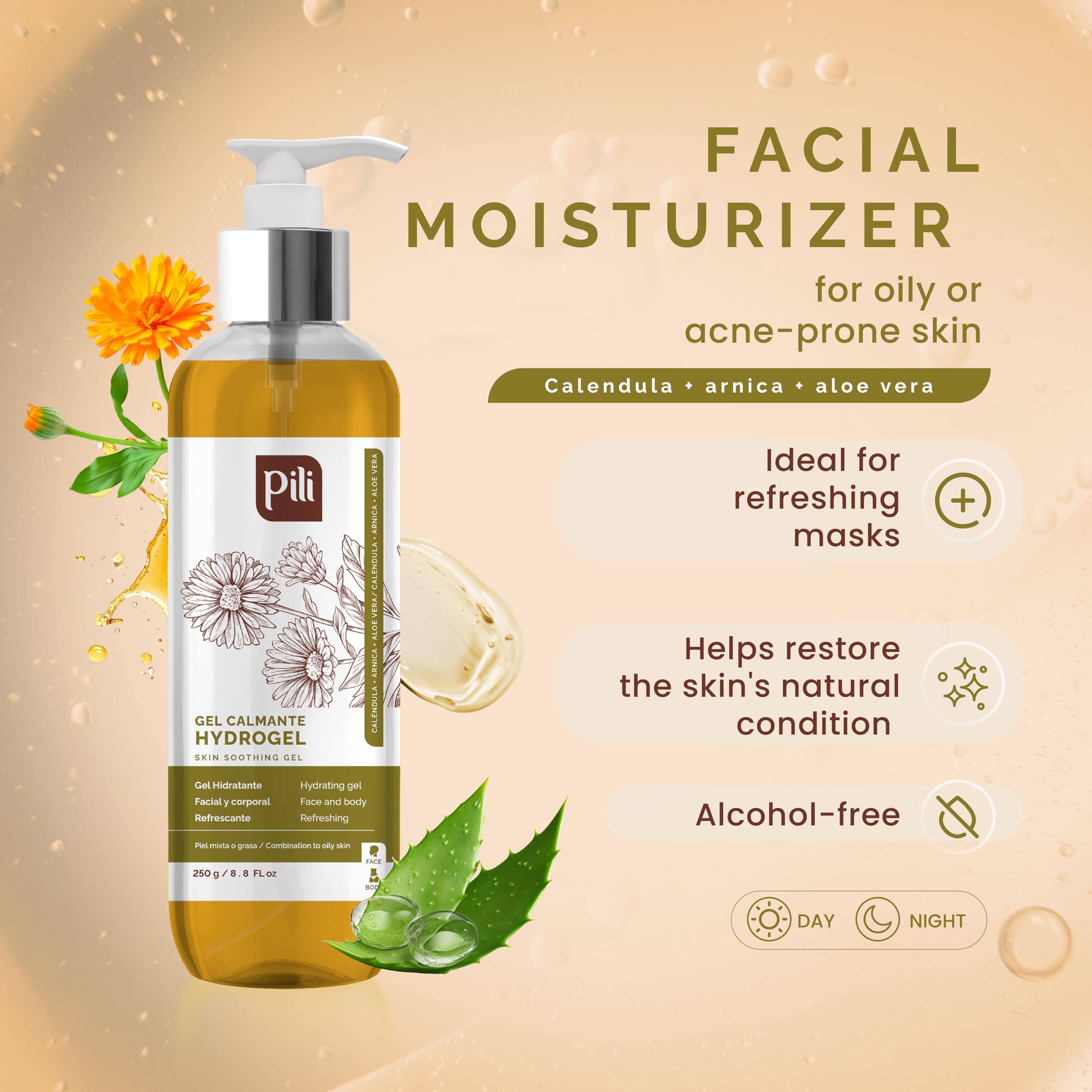 Pili Hydrogel | Face and body Skin Soothing Gel with Arnica, Calendula, Centella Asiatica and Aloe Vera extracts | Multi use calendula gel | Parabens and Alcohol Free | (8.8 Ounce (Pack of 1))