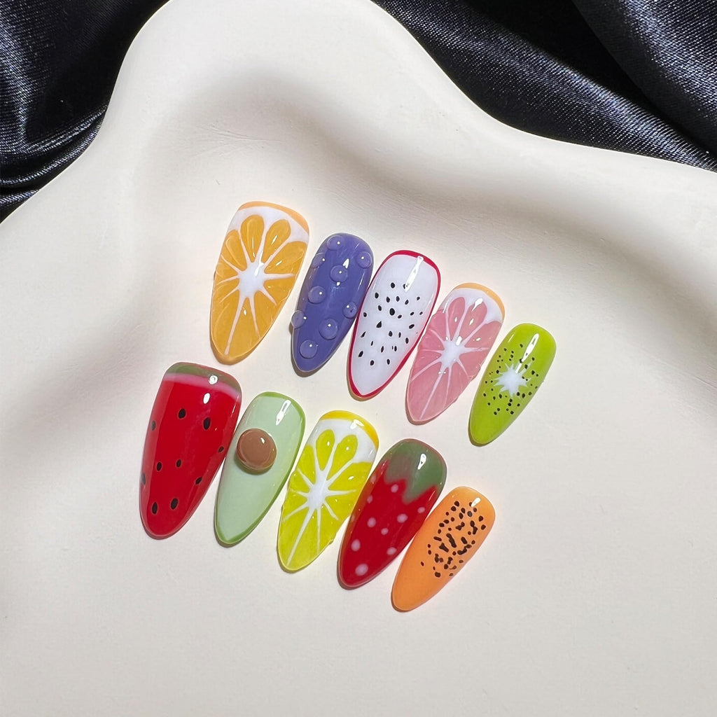 Wsliana Handmade Press On Nails - Medium Almond False Nail Tips, 3D Fruit Design, 10pcs Reusable Glue On Acrylic Fake Nails, Long-Lasting, Easy Fit | Fashionable Nail Kit | Natural Look (076, M)