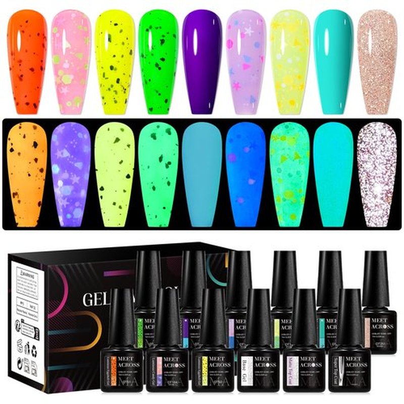 MEET ACROSS 9 Colors Gel Nail Polish + 3PCS Function Gel Nail Polish Kit,Fashion Nail Art Set Design Gifts for Women Manicure Salon (SET15, 12pcs)