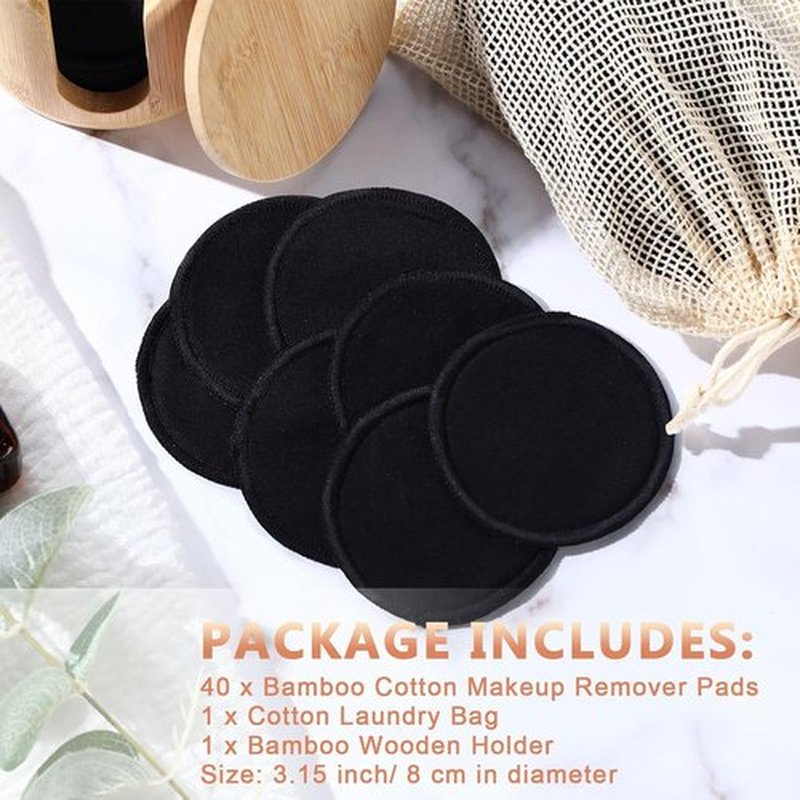 Foaincore Reusable Makeup Remover Pads - 40 Soft Bamboo Cotton Rounds with Storage Bag | Black