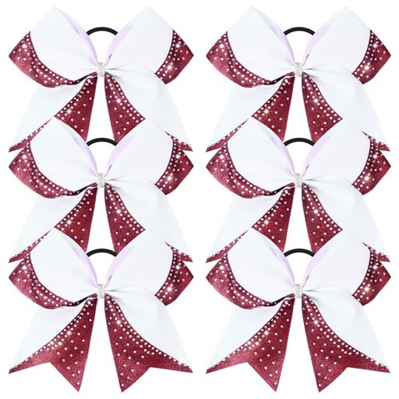 6PCS Glitter Cheer Bow Large Cheer Bows Rhinestones Hair Bows Girls 8"Cheerleading Bows Bulk Elastic Band Ponytail Holder for Teen Girls College Sports Competition White Maroon