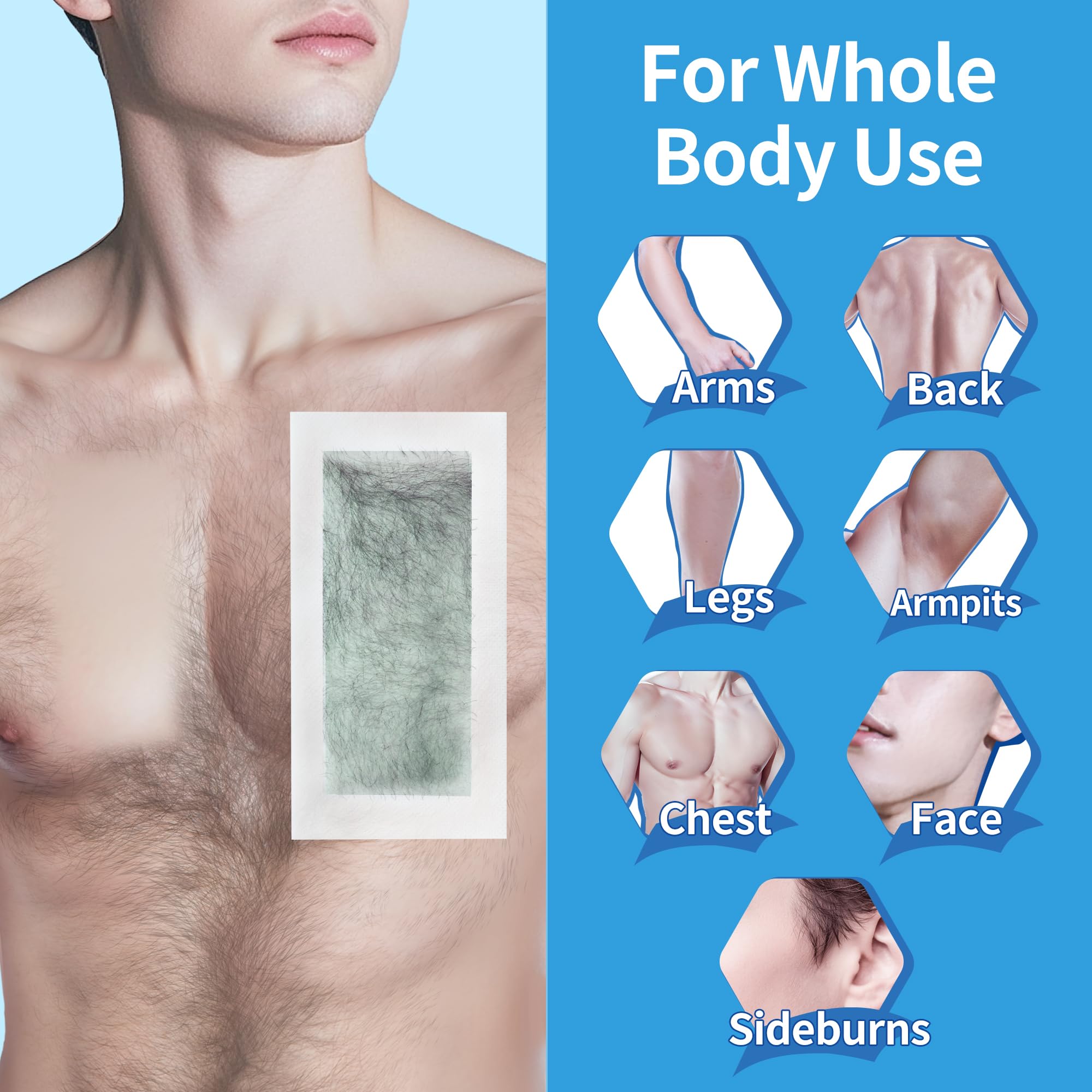 Beauty7 Men's Face & Body Waxing Strips, Ready to Use Wax Strips, Facial Hair Removal, Legs Arms Chest Back Wax, 36 Waxing Strip 4 Calming Oil Wipes