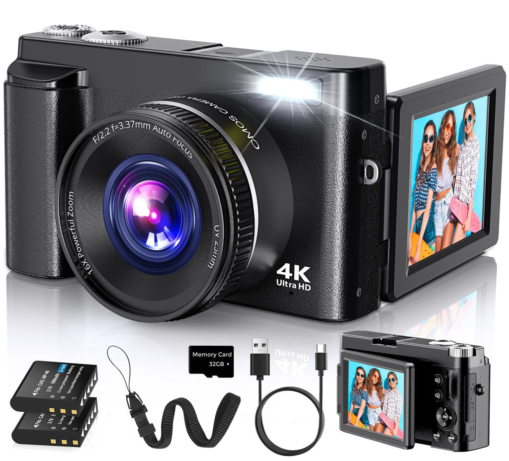 Duluvulu 4K Digital Camera for Photography Autofocus, 2026 Latest 48MP Vlogging Camera for YouTube with SD Card, 2 Batteries, 3" 180°Flip Screen Compact Travel Camera for Teens with 16X Zoom,Black