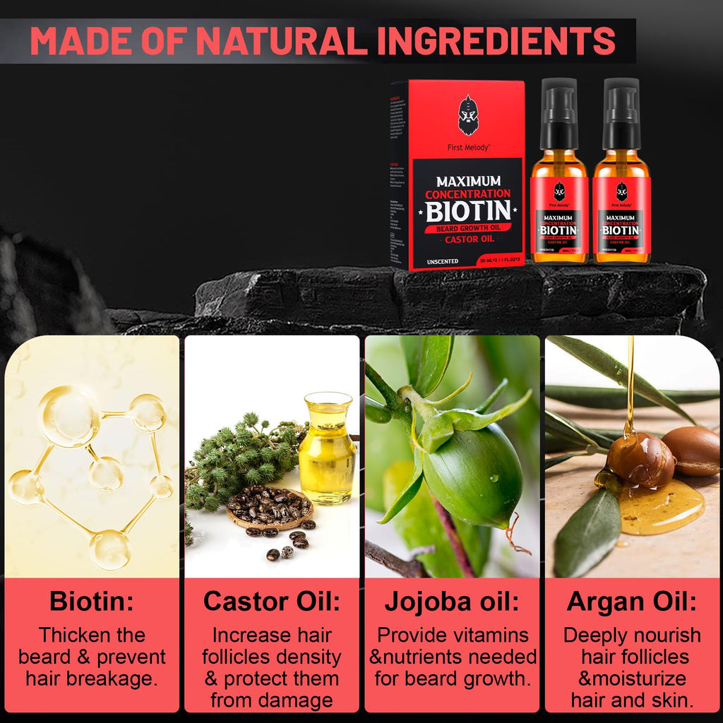 First Melody Beard Oil,Maximun Thickening Biotin, with Castor Oil and Argan & Jojoba Oils, Promotes Beard Growth, Styles, Strengthens & Softens Beards & Mustaches,1 Ounce*2