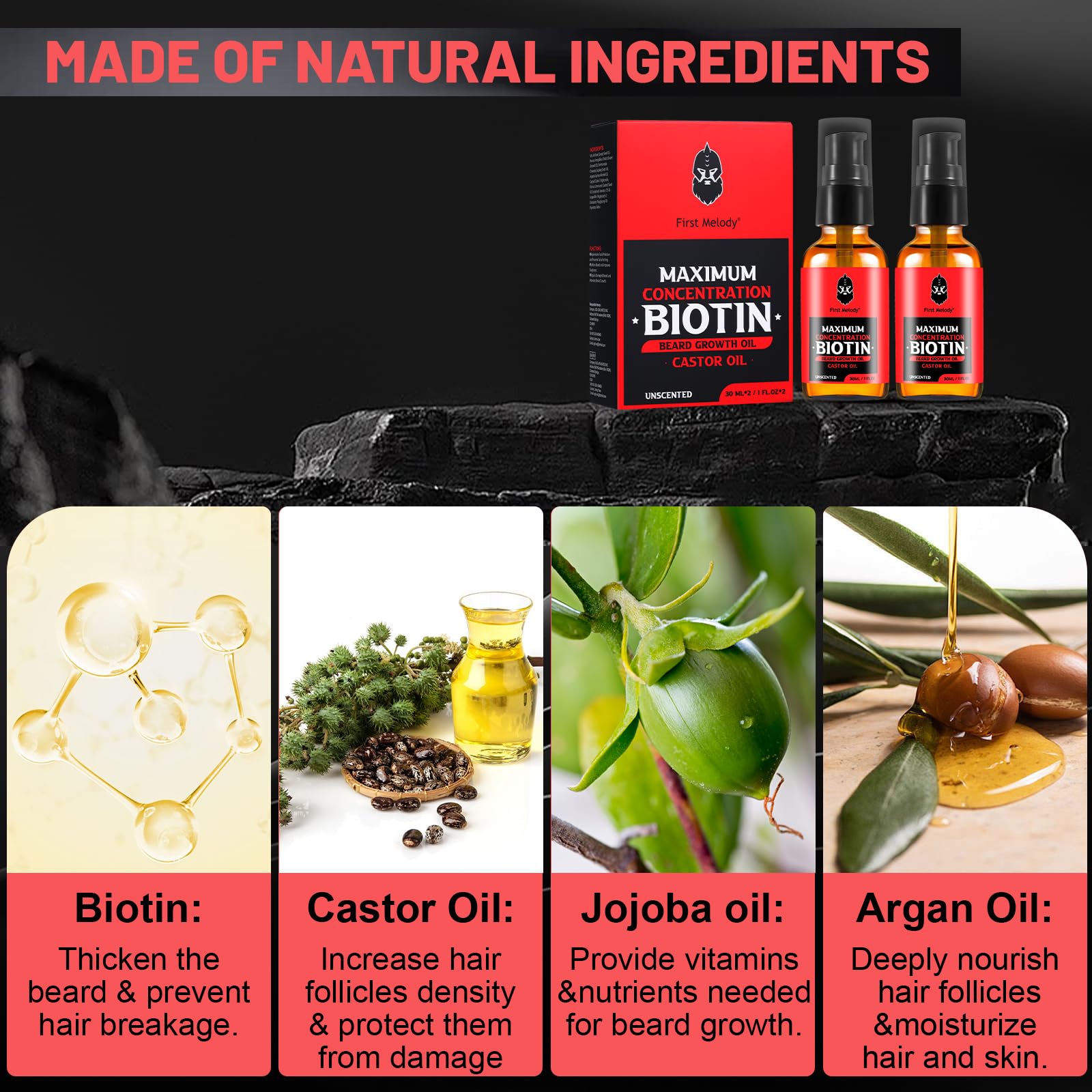 First Melody Beard Oil,Maximun Thickening Biotin, with Castor Oil and Argan & Jojoba Oils, Promotes Beard Growth, Styles, Strengthens & Softens Beards & Mustaches,1 Ounce*2