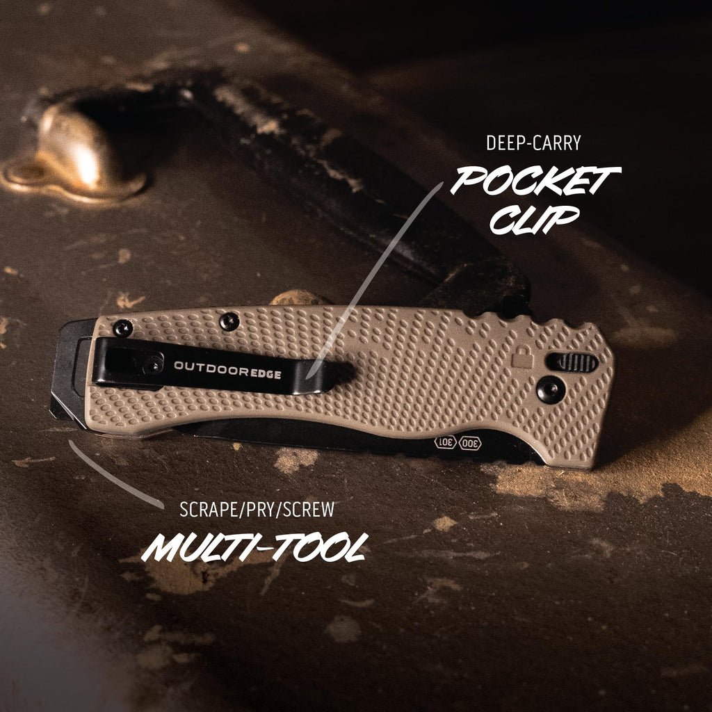 OUTDOOR EDGE Razor XD1 Folding Knife – Heavy-Duty 3" Replaceable Blade, Tan Handle with Pry Bar & Bottle Opener – Includes 2 Black Sheepsfoot Blades & 1 Utility Blade