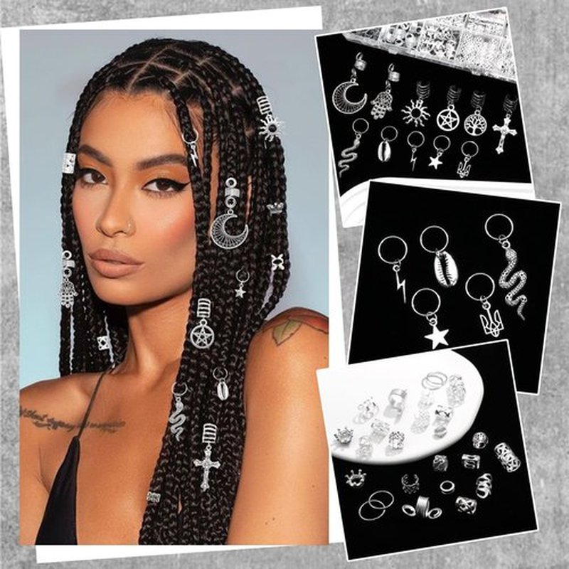 NAISKA Vikings Hair Jewelry for Braids, 186Pcs Norse Runes Tube Beads Cross Snake Loc Dreadlock Accessories, Non-Piercing Ear Cuffs Locs Jewelry for Women and Men