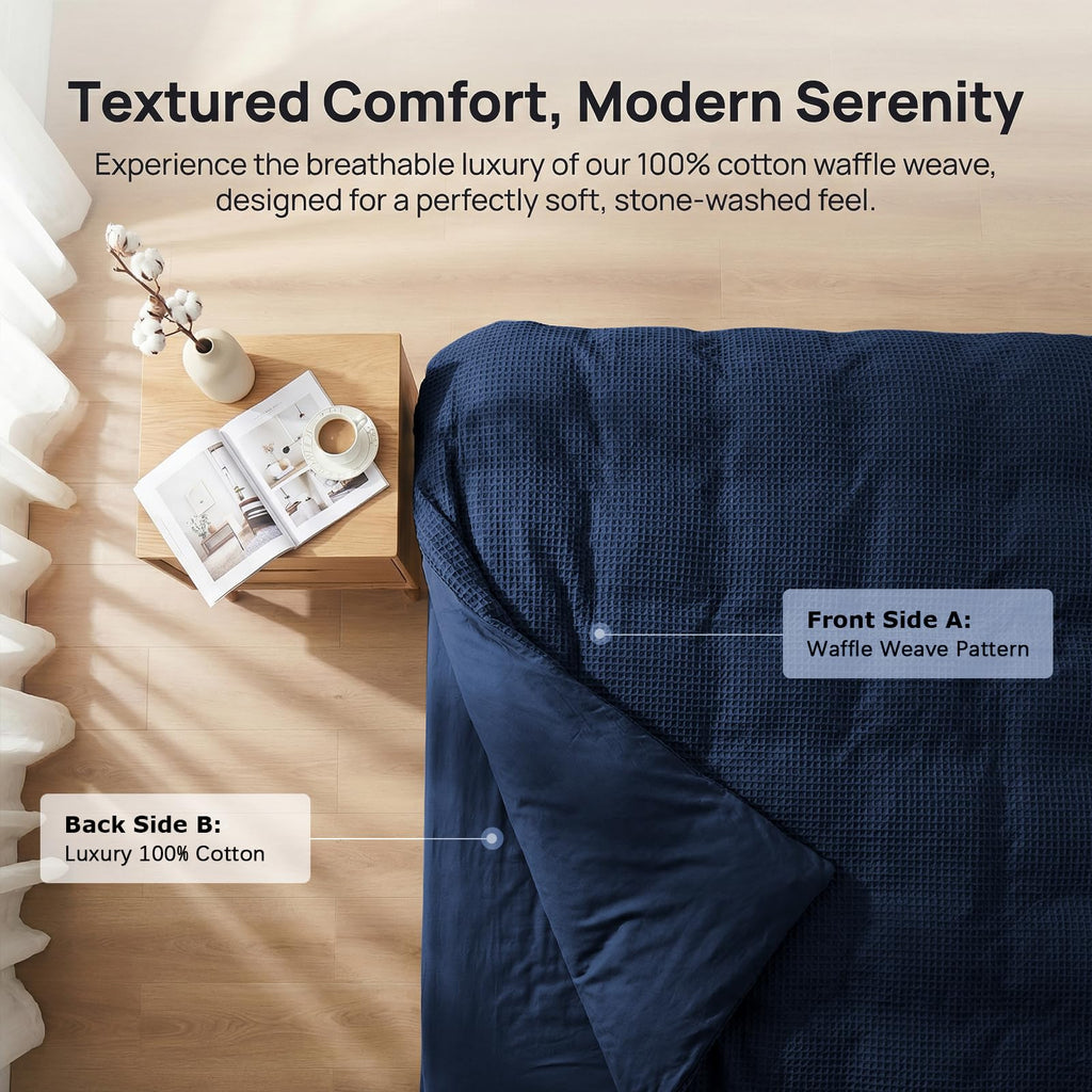 Easthome Waffle Weave Cotton Duvet Cover King Size - 100% Cotton Duvet Cover Set for All Season, Textured PureWoven Breathable Bedding Sets 3 Pcs with 2 Pillow Shams, Zipper, 4 Conner Ties,Navy Blue