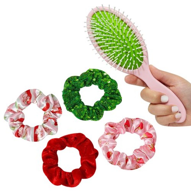 LUV HER Strawberry Shortcake Hair Accessory Set – 5 Pieces: 1 Detangling 9-inch Hairbrush & 4 Scrunchies, Elastic Hair Ties, Ages 3+