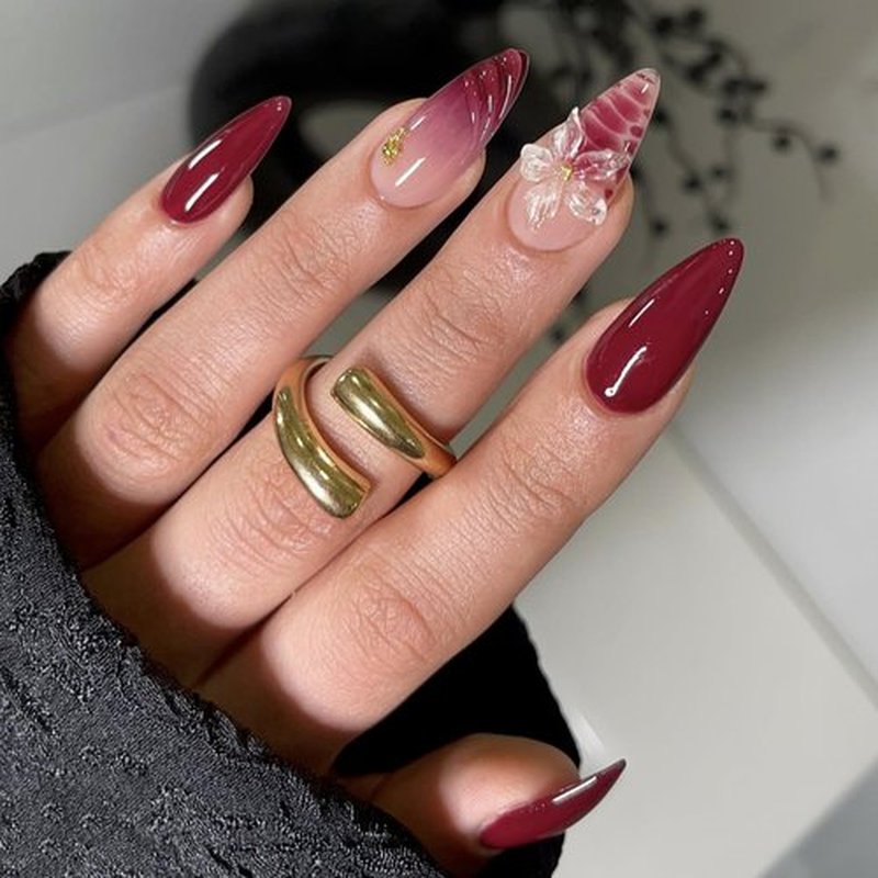 Almond Press on Nails Long Fake Nails Red Artificial Nail Flowers Designs Cute Stick on Nail for Women 24pcs